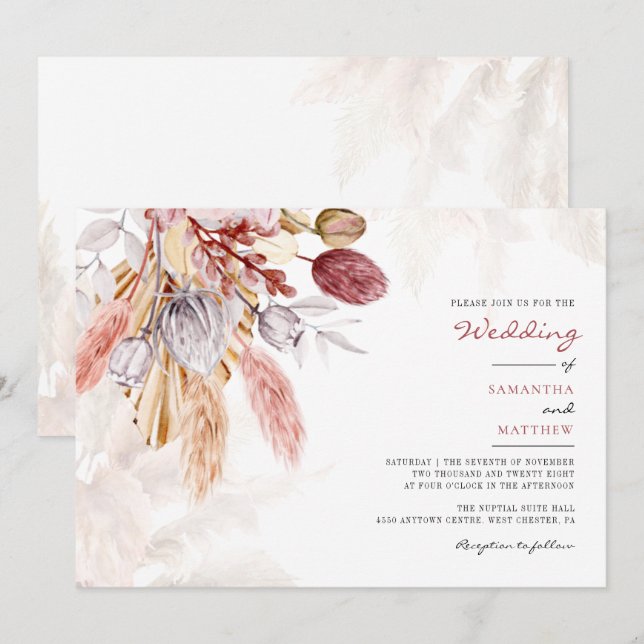 Invitation Pampas Grass Tan Floral Russe Mariage (Devant / Derrière)
