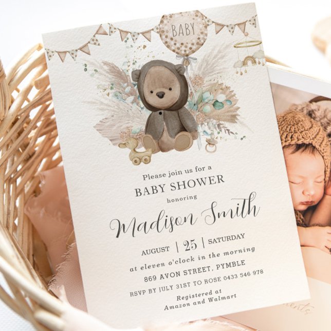 Invitation Pampas Grass Teddy Bear Sexe Baby shower neutre (Créateur téléchargé)