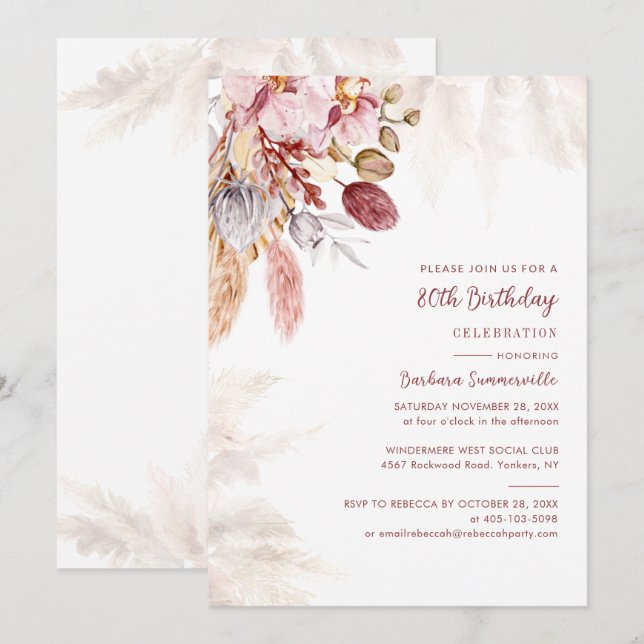 Invitation Pampas Grass Terracotta 80e fête d'anniversaire (Devant / Derrière)
