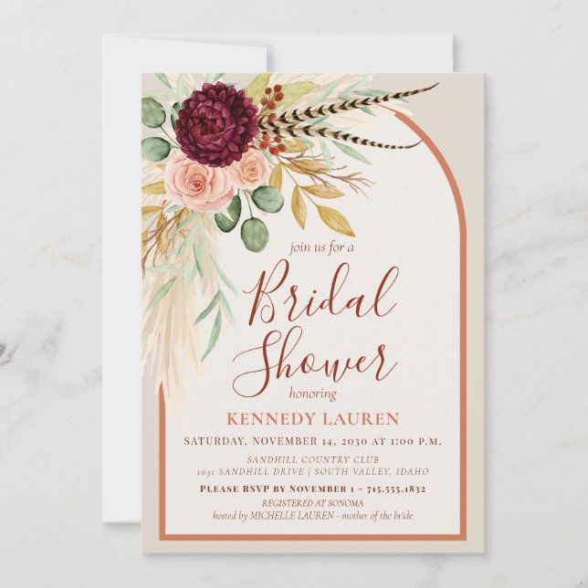Invitation Pampas Grass Terracotta Floral Boho Bridal Shower  (Devant)