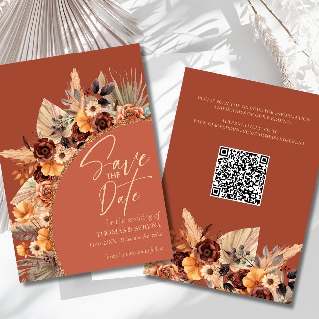 Invitation Pampas Grass Terracotta QR Code Enregistrer La Dat (Créateur téléchargé)