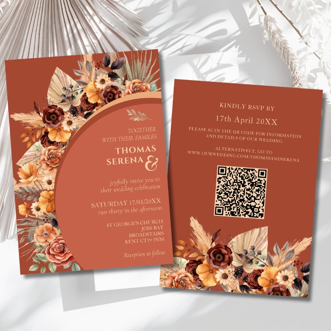 Invitation Pampas Grass Terracotta Rustic QR Code Mariage (Créateur téléchargé)