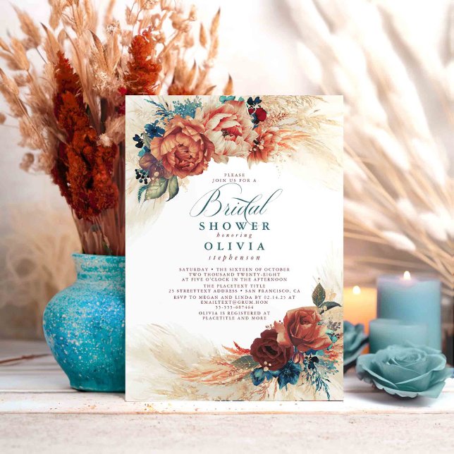 Invitation Pampas Grass Turquoise Blue Terracotta Fête des ma (Teal and Terracotta Bridal Shower Invitations)