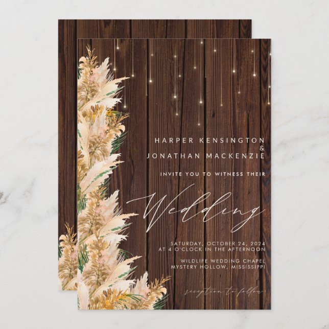 Invitation Pampas Grass Wood Twinkles lumières Boho Mariage (Devant / Derrière)