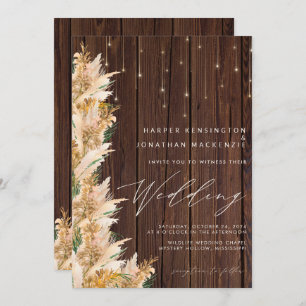 Invitation Pampas Grass Wood Twinkles lumières Boho Mariage