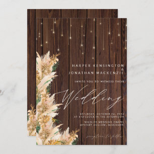 Invitation Pampas Grass Wood Twinkles lumières Boho Mariage