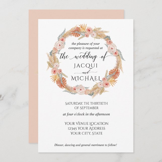 Invitation Pampas Grass Wreath Boho Tropical Rose Gold Floral (Devant / Derrière)