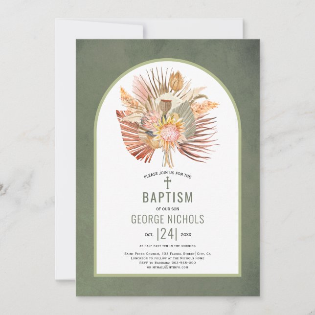 Invitation Pampas herbe et palmier gris vert baptême (Devant)