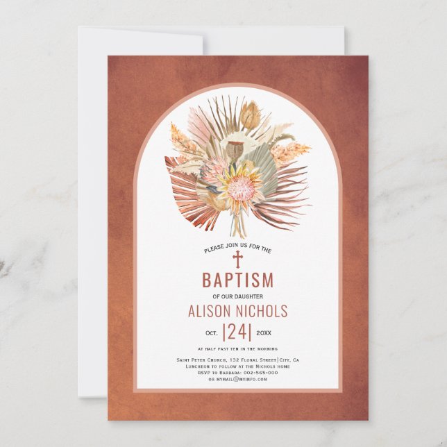 Invitation Pampas herbe et palmier terre cuite baptême (Devant)