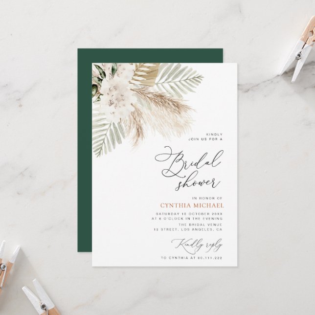 Invitation pampas herbe et verdure douche nuptiale (Devant/Arrière en situation)