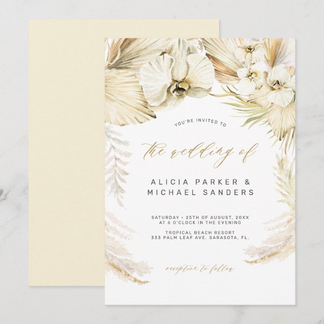 Invitation Pampas herbe or orchidée tropicale bohème mariage (Devant / Derrière)