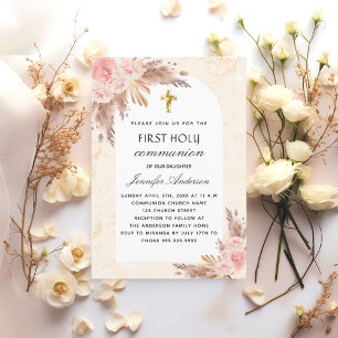 Invitation Pampas herbe rose arche première communion sainte