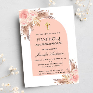 Invitation Pampas herbe rose blush première communion luxe