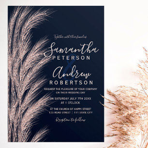 Invitation Pampas herbe rose or parties scintillant marine bl