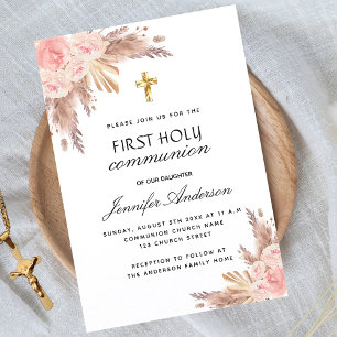 Invitation Pampas herbe rose rougir première communion sainte