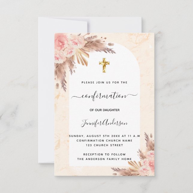 Invitation Pampas herbe rose rousse marbre fille Confirmation (Devant)