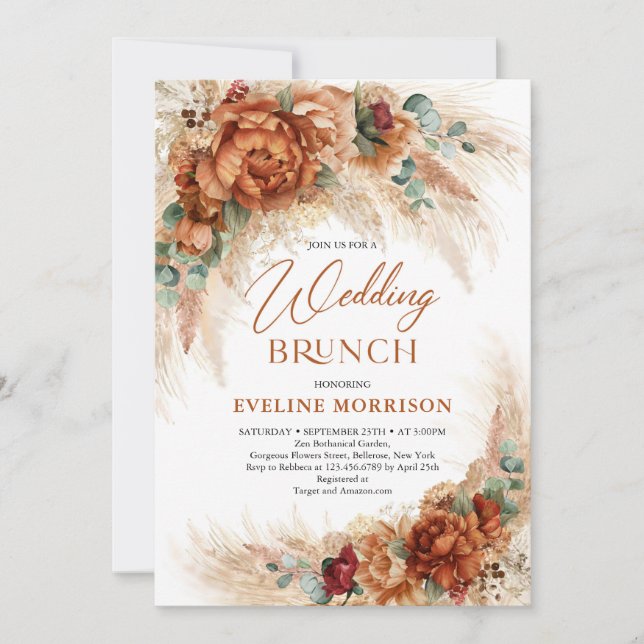 Invitation Pampas mariage brunch aux fleurs de rouille orange (Devant)