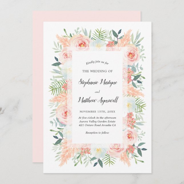 Invitation Pampas Mariage d'aquarelle rose (Devant / Derrière)