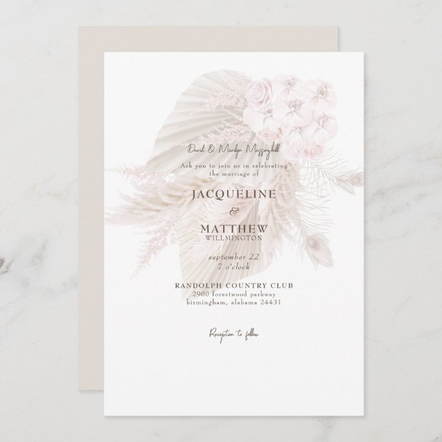 Invitation Pampas Muet Rose Floral Bride Parents Mariage (Devant / Derrière)