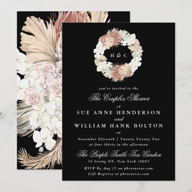Invitation Pampas Noir Monogramme Floral Couples Wreath Douch (Devant / Derrière)