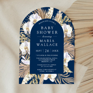 Invitation Pampas Orchidée Blanche Bleu Marine Arche Baby Sho