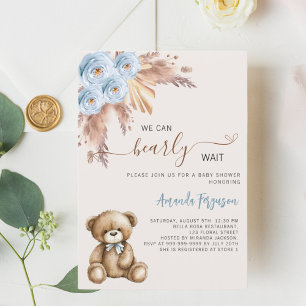 Invitation Pampas ours en teddy floral bleu garçon baby showe