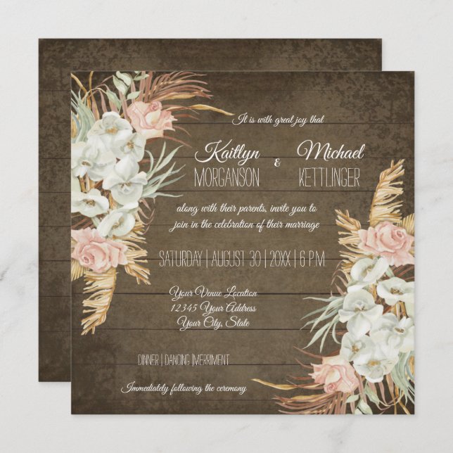 Invitation Pampas Palm Folid Orchid Floral Rustique Mariage (Devant / Derrière)