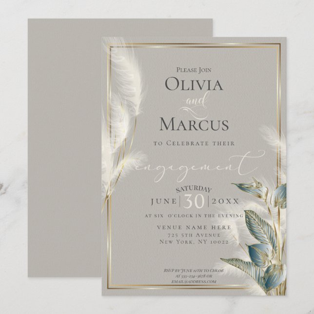 Invitation Pampas Pampas Fiançailles en laiton Anthurium turq (Devant / Derrière)