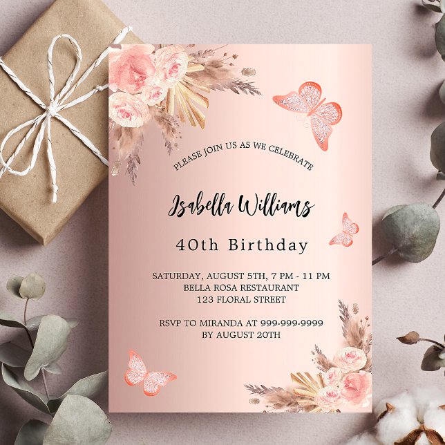 Invitation Pampas papillon d'anniversaire rose or fleuri luxe (Créateur téléchargé)