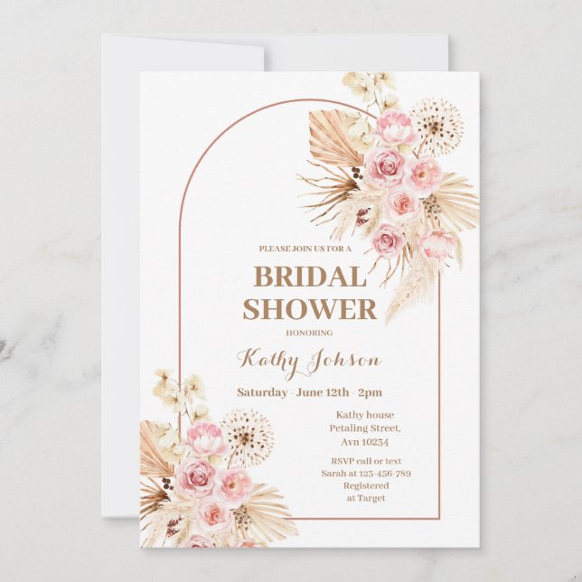 Invitation Pampas rose Boho Grass nuptiale de douche Invitati (Devant)