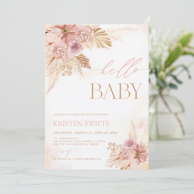 Invitation Pampas rose et beige Grass Baby shower Bonjour béb (Debout devant)