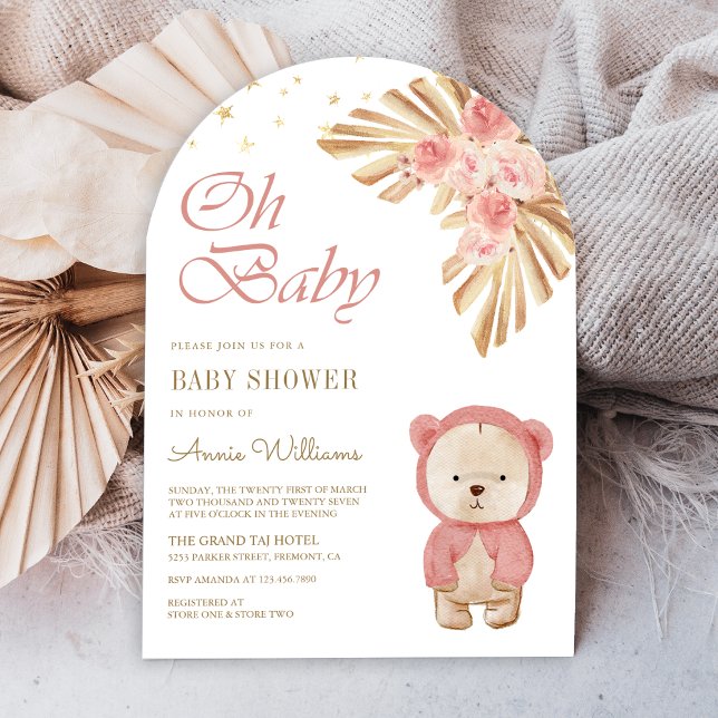 Invitation Pampas rose Floral Baby shower d'arche d'ours en p (Créateur téléchargé)
