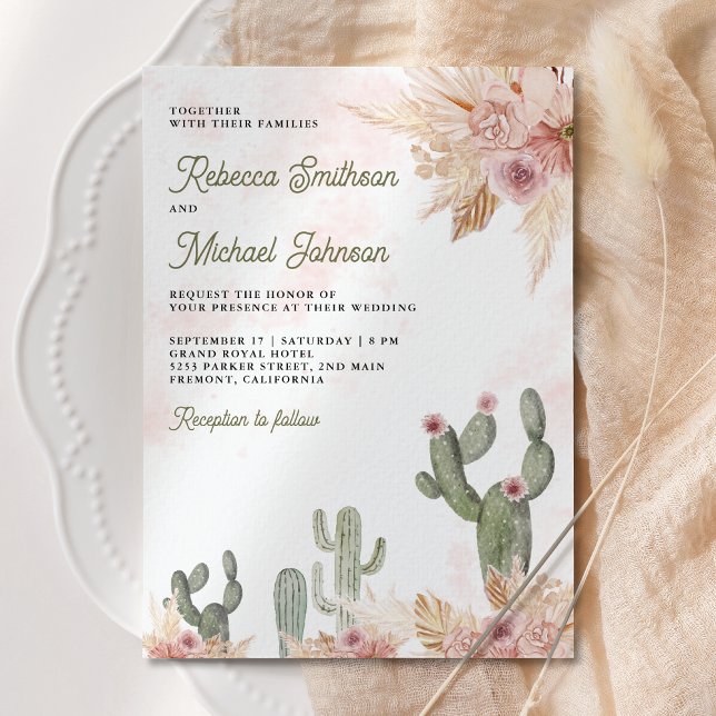 Invitation Pampas rose floral Cactus QR Code Mariage photo (Créateur téléchargé)