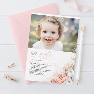 Invitation Pampas rose Floral Grass Baptême Photo