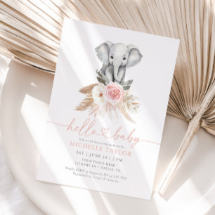 Invitation Pampas rose Floral Grass Girl Elephant Baby shower