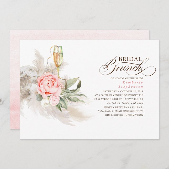 Invitation Pampas rose Floral Grass Greenery Brunch nuptial (Devant / Derrière)