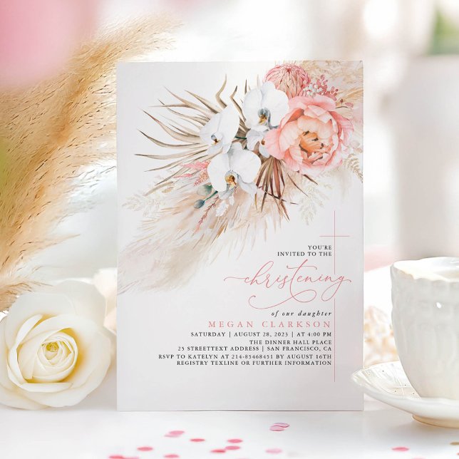 Invitation Pampas rose Floral Grass moderne Christine (Pink Floral Christening Invitation)