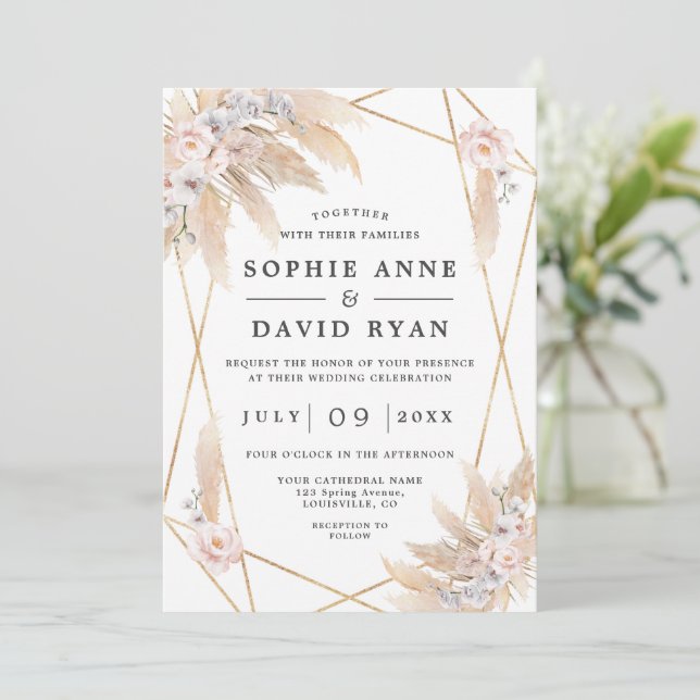 Invitation Pampas Rose Floral Grass Or Tout en un Mariage (Debout devant)