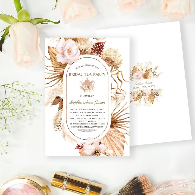 Invitation Pampas rose Floral Palm de Herbe (trendy bridal tea party invite, pampas grass terracotta bridal shower invitation, elegant bridal tea)