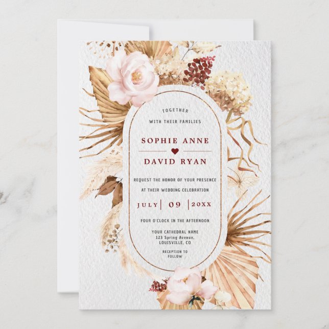 Invitation Pampas Rose Floral Palm Feuilles Tout en un (Devant)