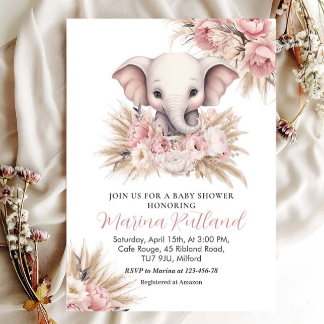 Invitation Pampas rose Grass Boho Elephant Baby shower fille (Créateur téléchargé)