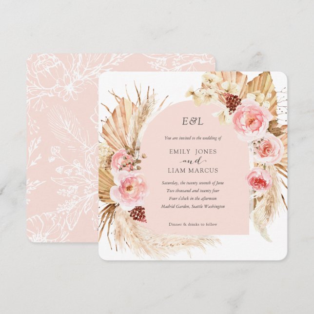 Invitation Pampas rose pâle Boho Floral Carré mariage (Devant / Derrière)
