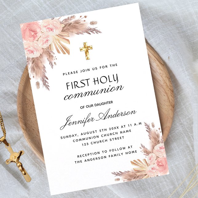 Invitation Pampas rose rougir première communion sainte luxe (Créateur téléchargé)