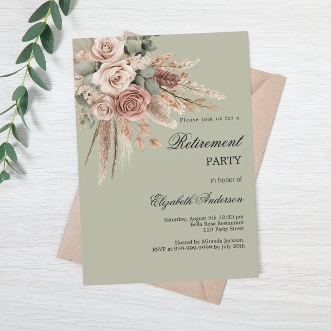 Invitation Pampas rose taupe beige verte retraite (Créateur téléchargé)