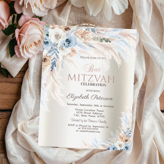 Invitation Pampas Roses en herbe Bat mitzvah ivoire (Créateur téléchargé)