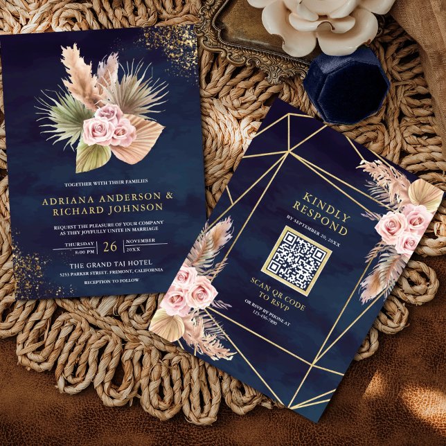 Invitation Pampas Roses Rose Poussiéreux Foncé Bleu Marine Co (Créateur téléchargé)
