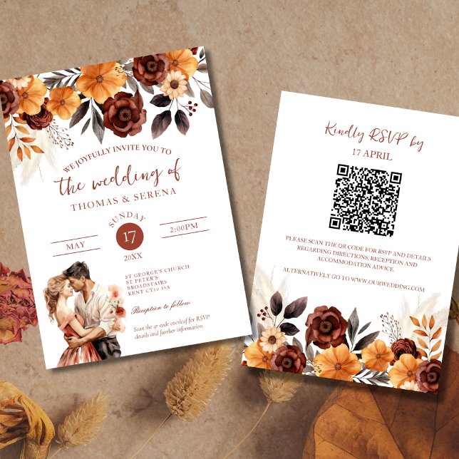 Invitation Pampas Rust Grass Chute QR Code Tout en un Mariage (Créateur téléchargé)