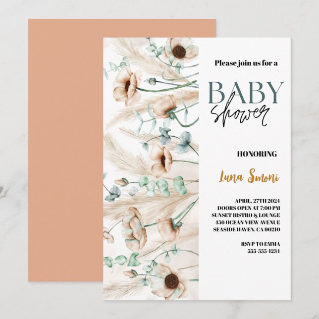 Invitation pampas rustique herbe boho baby shower fleur sauva (Devant / Derrière)
