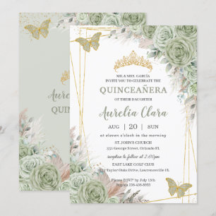 Invitation Pampas Sage Green Floral Papillons Quinceañera
