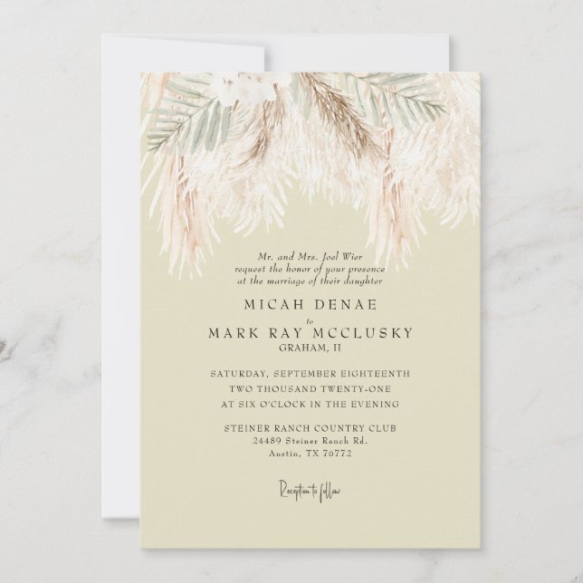 Invitation Pampas Soft Yellow Simple Mariage (Devant)